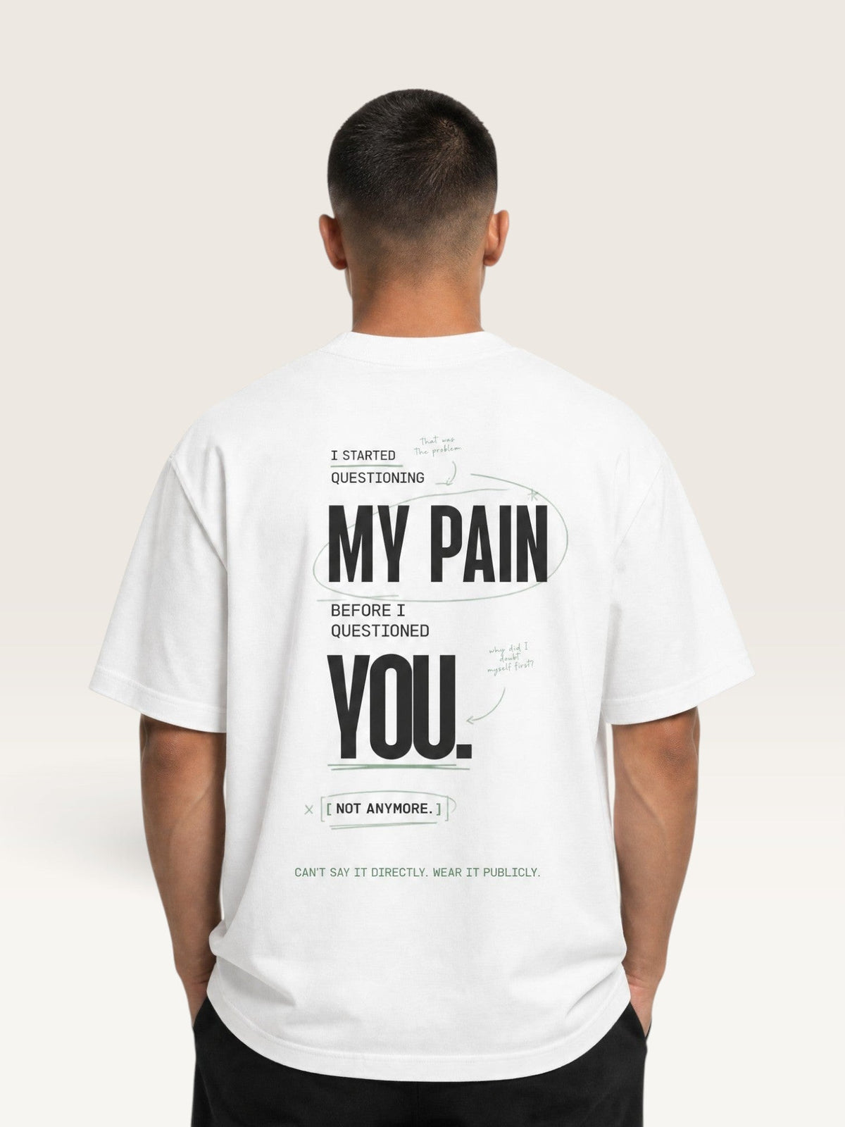 White - heavyweight cotton oversized t-shirt with white IT WASN'T A BIG DEAL graphic print on the front