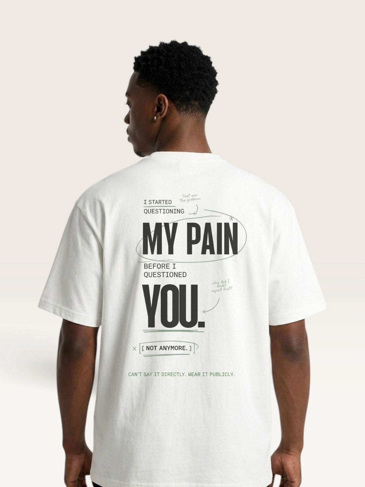 White - heavyweight cotton oversized t-shirt with white IT WASN'T A BIG DEAL graphic print on the front