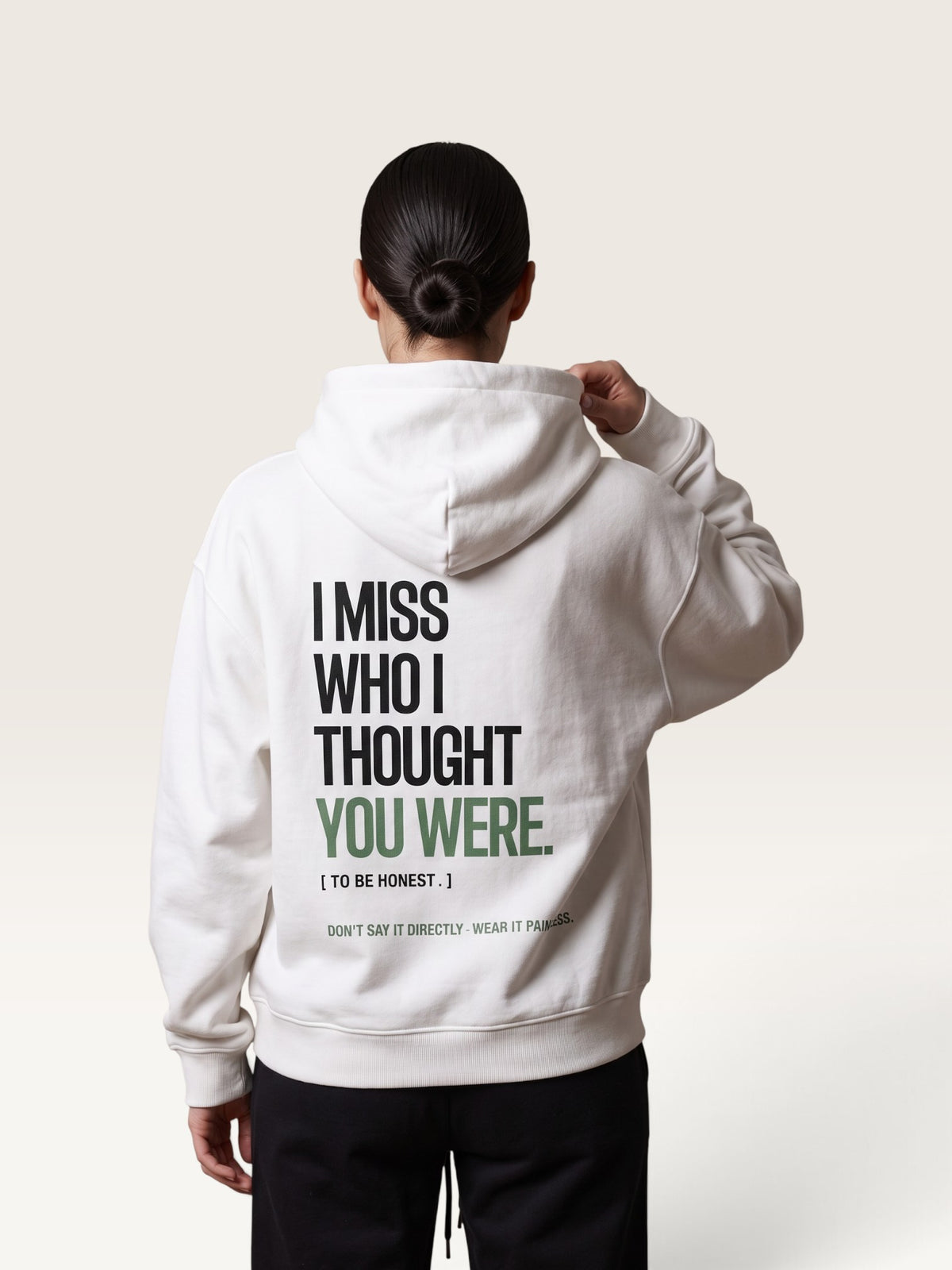 White - I DON'T MISS YOU HOODIE, oversized heavyweight cotton-poly fleece