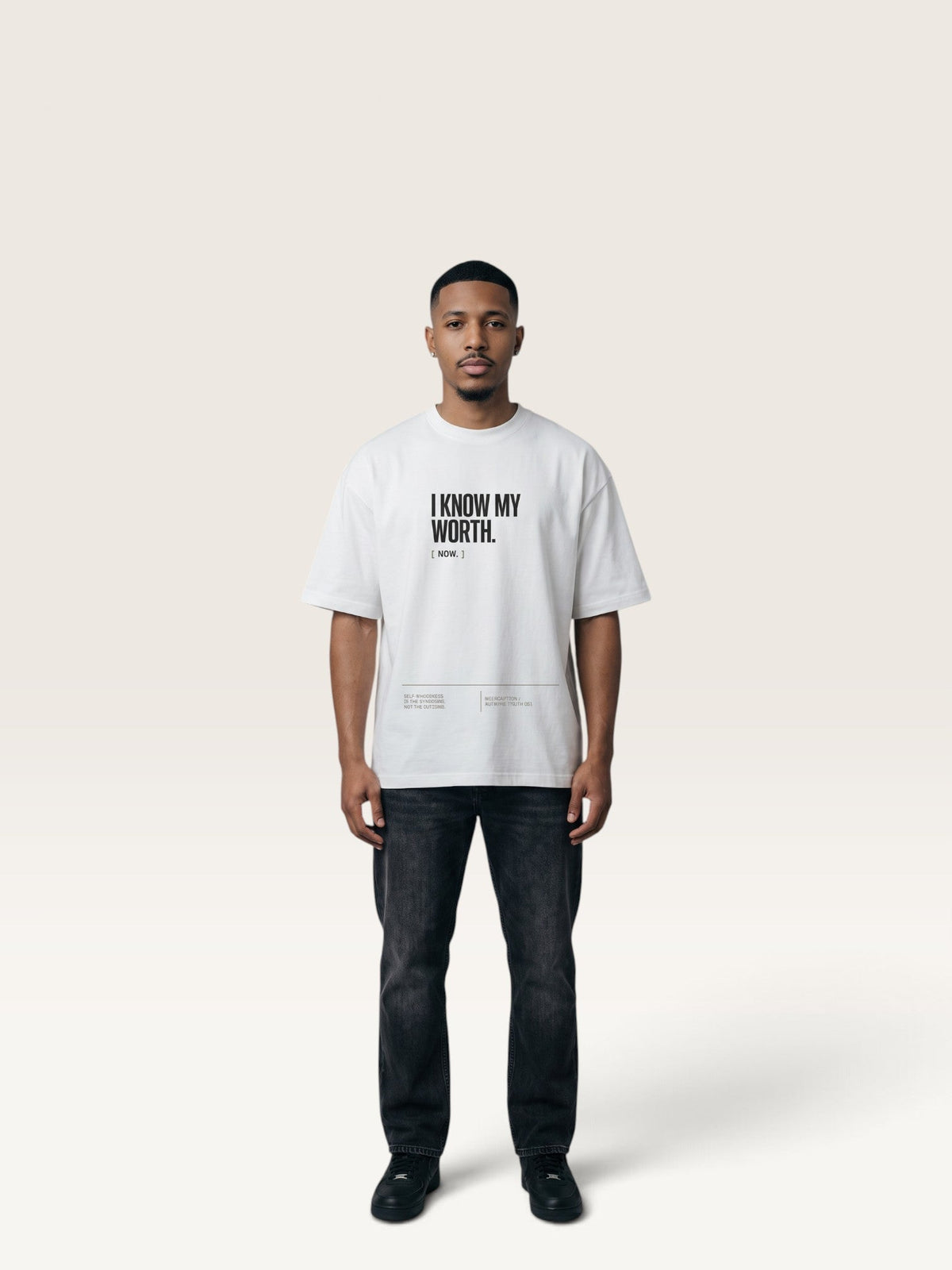 White WEARCAPTION  heavyweight cotton oversized t-shirt with white I KNOW MY WORTH graphic print on the front
