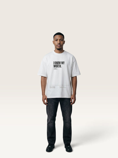 White WEARCAPTION  heavyweight cotton oversized t-shirt with white I KNOW MY WORTH graphic print on the front