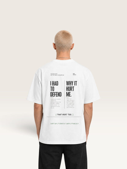 White WEARCAPTION white heavyweight cotton oversized t-shirt with black typographic back print on a male model