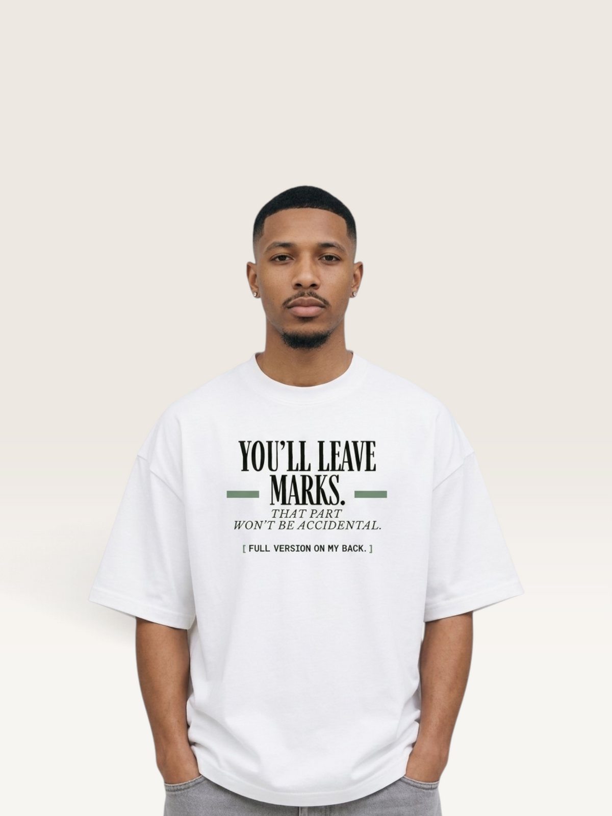 White - YOU'LL LEAVE MARKS TEE, WEARCAPTION heavyweight oversized editorial view worn by man