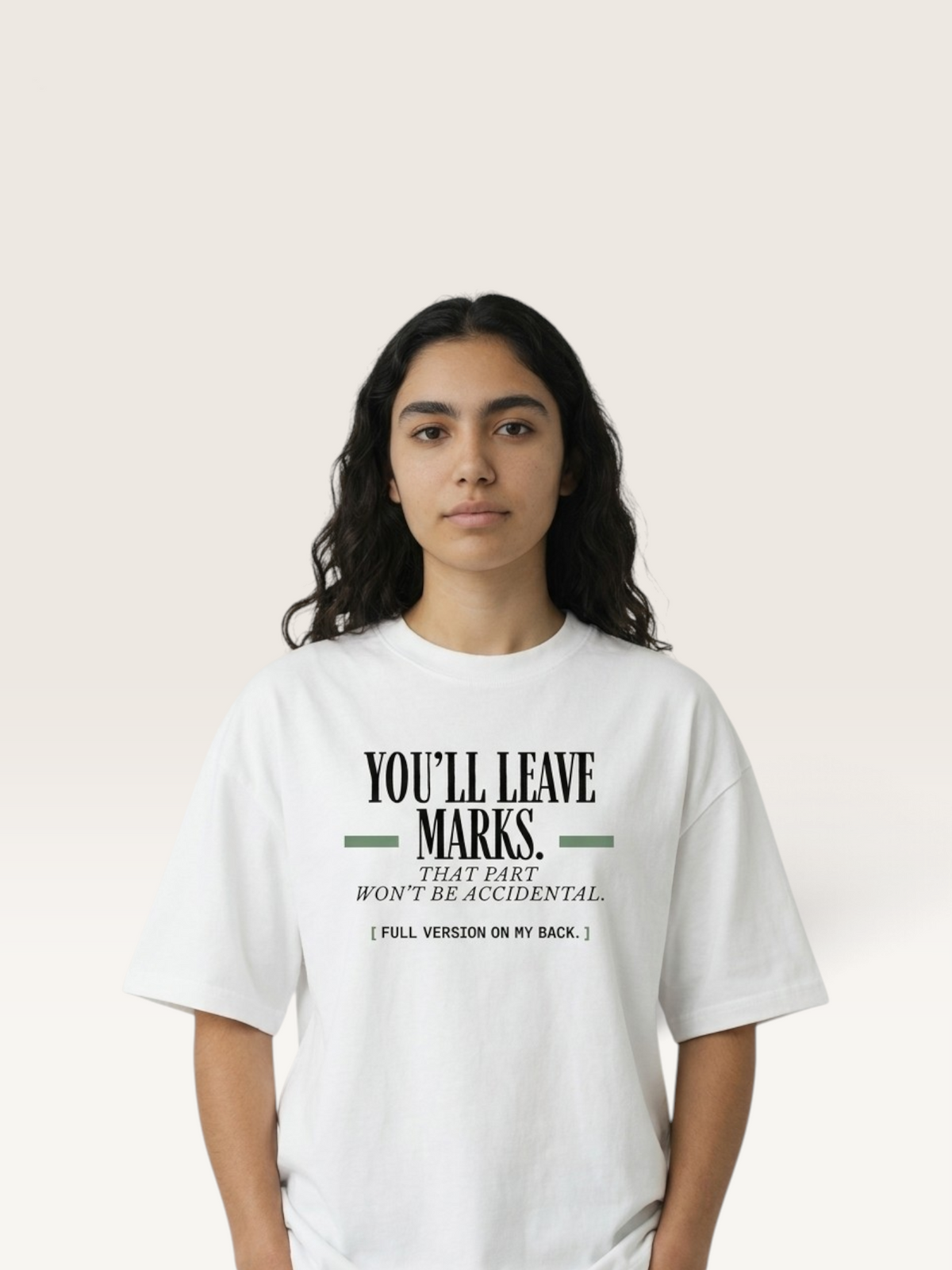 White - YOU'LL LEAVE MARKS TEE, WEARCAPTION heavyweight oversized editorial view worn by woman